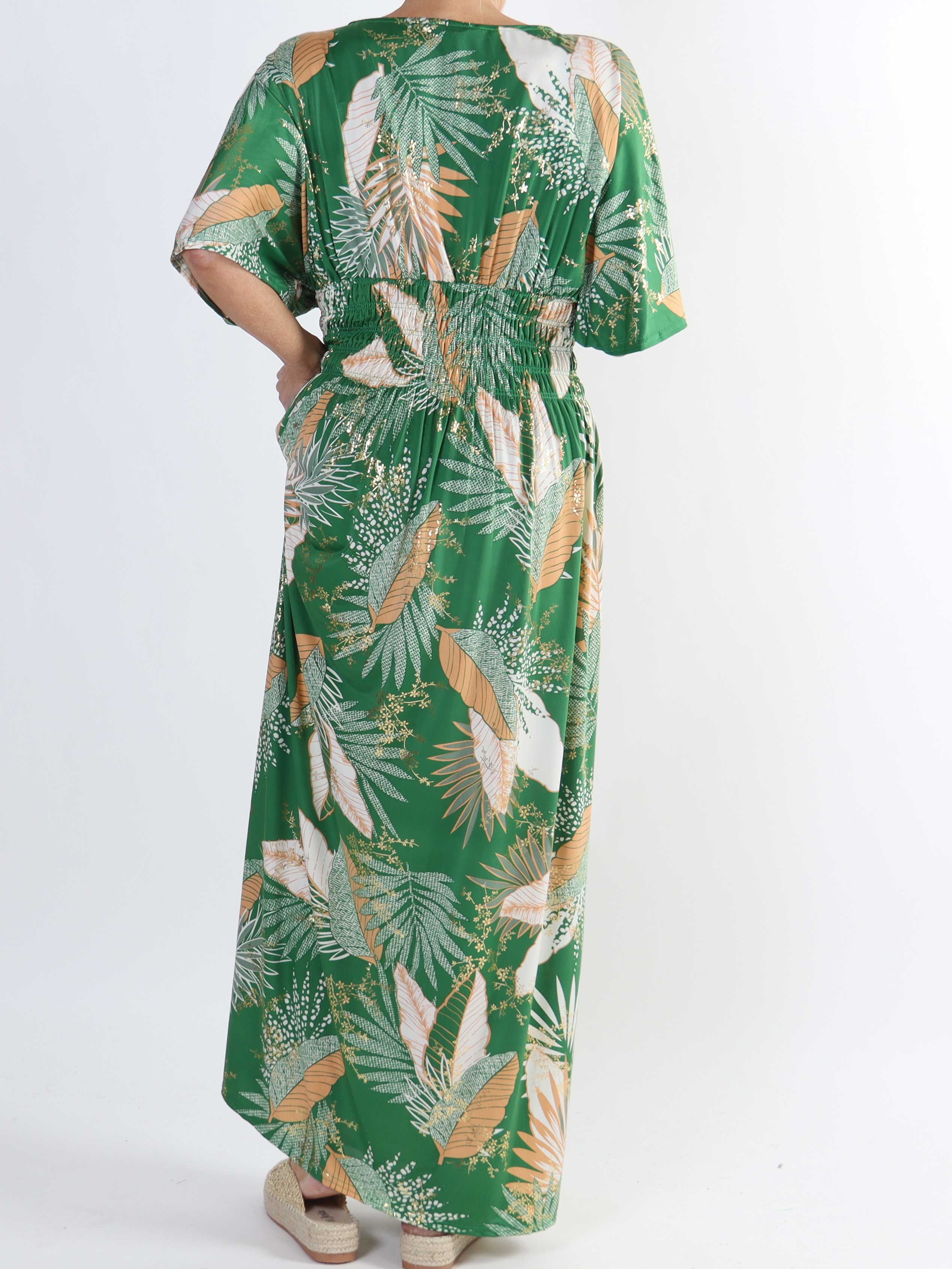 Pams Leafy - Lång stretchig plus size-klänning i skrynkelfritt tyg